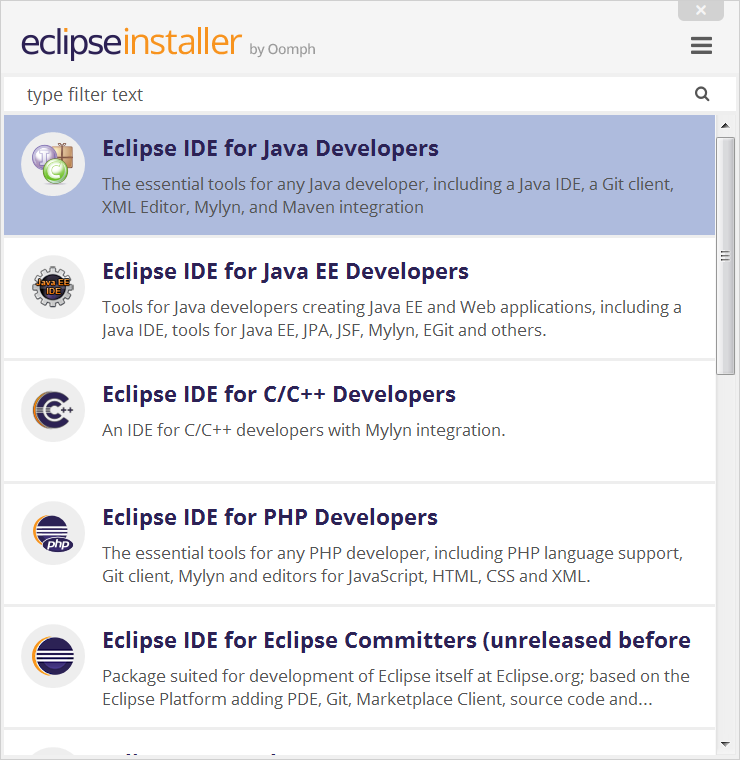 Screenshot of the Eclipse packages.